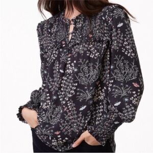 LOFT Grey Gray Floral Butterfly Blouse Long Sleeve - Size L